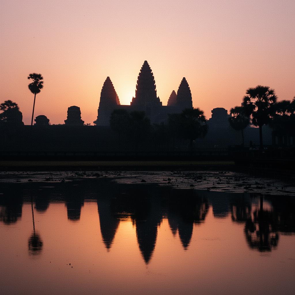 Sunrise light behind the towers of Angkor Wat