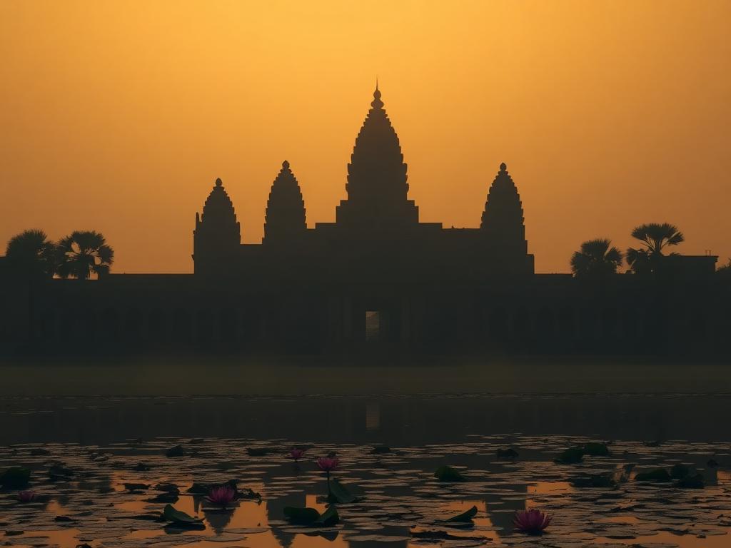 Angkor Wat's silhouette against a pale sunrise sky