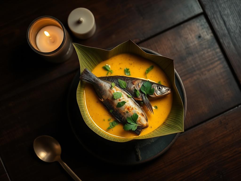 Fish amok in a banana-leaf cup, on a dark table